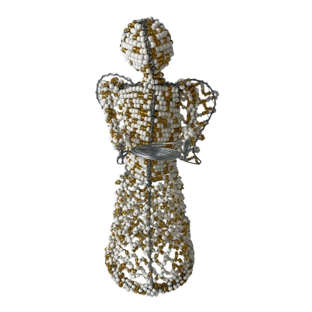 Handcrafted Beaded Angel Figurine Wire Frame White Gold Beads Zuni Style‎ 10 "